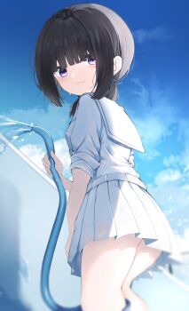 1girl absurdres black_hair blue_sky closed_mouth cloud day from_side hair_over_shoulder highres holding hose long_hair looking_at_viewer looking_to_the_side neku_(neku_draw) original outdoors pleated_skirt purple_eyes sailor_collar school_uniform serafuku shirt skirt sky solo water white_sailor_collar white_serafuku white_shirt white_skirt