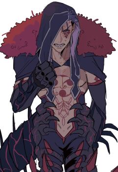 1boy arm_up bare_pectorals black_hat black_shrug blue_hair body_markings clenched_teeth cowboy_shot cu_chulainn_(fate) cu_chulainn_alter_(fate) detached_sleeves facial_mark fate/grand_order fate_(series) hat highres jooojooo_oo male_focus one_eye_covered pectorals red_eyes red_fur sanpaku sharp_teeth shrug_(clothing) simple_background solo standing sweatdrop tail teeth white_background