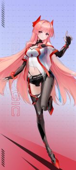 1girl absurdres artist_request asymmetrical_shirt asymmetrical_shorts bare_shoulders black_gloves breasts buckle center-flap_bangs cleavage cleavage_cutout closed_mouth clothing_cutout copyright_name crop_top cropped_shirt double-parted_bangs elbow_gloves eyelashes fingerless_gloves fingernails full_body gloves gradient_background grid_background hair_between_eyes hair_intakes hair_ornament hand_up highres index_finger_raised logo long_hair looking_at_viewer mechanical_legs mora_(redmagic) navel official_art pink_hair purple_background red_background red_eyes red_shorts redmagic see-through_clothes see-through_shirt see-through_sleeves shirt short_shorts short_sleeves shorts shoulder_cutout smile snap-fit_buckle solo standing standing_on_one_leg very_long_hair white_shirt