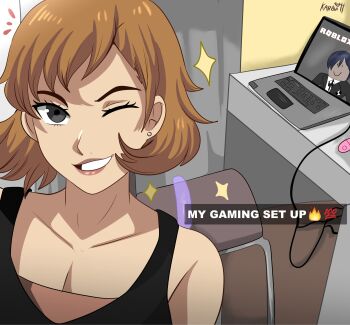 Rule 34 | 1boy, 1girl, absurdres, bare shoulders, black eyes, brown hair, chair, commentary, computer, desk, dildo, english commentary, grin, highres, karbuitt, laptop, one eye closed, persona, persona 3, player character (roblox), roblox, sex toy, short hair, smile, solo, tank top, toriumi isako, upper body, yuuki makoto (persona 3)