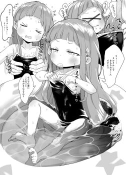 &gt;_&lt; blunt_bangs blush cum cum_in_clothes cum_on_body cum_on_swimsuit cum_on_upper_body ejaculation flat_chest groping highres ichihara_nina idolmaster idolmaster_cinderella_girls inflatable_pool kereno loli long_hair monochrome penis school_swimsuit swimsuit tears water x(