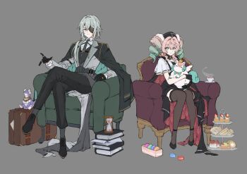 1boy 1girl absurdres alternate_costume anaxa_(honkai:_star_rail) animal ankle_strap aqua_coat aqua_hair arm_rest armchair belt black_belt black_cape black_coat black_gloves black_hat black_pants black_shoes black_skirt black_vest blue_eyes book book_stack box bright_pupils brown_thighhighs cake cape chair closed_mouth coat coat_on_shoulders commentary contrast_collar contrast_lapels crossed_legs cuff_links cup detached_collar drill_hair dromas_(honkai:_star_rail) earrings expressionless eyepatch food fruit full_body fur_hair_tie gloves gradient_hair green_hair green_necktie grey_background grey_jacket grey_socks hair_between_eyes hair_intakes hair_over_shoulder hat high-low_skirt highres holding holding_animal honkai:_star_rail honkai_(series) hourglass hyacine_(honkai:_star_rail) jacket jewelry knees_together_feet_apart lapels little_ica_(honkai:_star_rail) long_hair long_sleeves looking_at_viewer low_side_ponytail macaron medium_hair memosprite multicolored_eyes multicolored_hair multiple_rings necktie notched_lapels offering_hand one_eye_covered open_hand oxfords pants papajay_(jennygin2) parted_lips patterned_clothing pegasus pillbox_hat pink_hair pink_pupils pleated_sleeves red_cape red_skirt ring sandwich saucer shirt shoes short_sleeves side-by-side side_ponytail sidelocks simple_background single_earring sitting skirt smile socks steaming_cup strawberry stuffed_animal stuffed_toy suit_pants suitcase suspender_skirt suspenders swiss_roll tea teacup thighhighs tiered_tray twin_drills two-sided_cape two-sided_coat two-sided_fabric two-sided_skirt two-tone_eyes two-tone_hair untranslatable_commentary v-neck vest waist_cape white_pupils white_shirt