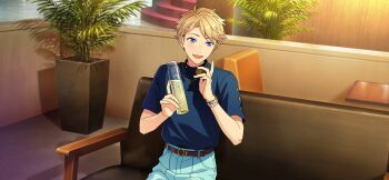 1boy belt belt_buckle blonde_hair brown_belt buckle curtained_hair earrings ensemble_stars! feature_scout_2_(ensemble_stars!) fingernails game_cg hand_up happy_elements holding jewelry male_focus narukami_arashi necklace official_art open_mouth plant potted_plant purple_eyes short_hair short_sleeves sitting smile solo stud_earrings third-party_source upper_body watch wristwatch