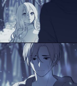 1boy 1girl 23i2ko black_eyes blonde_hair forest grey_hoodie hair_between_eyes highres hood hood_down hoodie limited_palette long_hair looking_at_another nature original raised_eyebrows scar scar_on_face short_hair snow snowing sparkling_eyes split_screen turtleneck wavy_hair white_hair wide-eyed winter