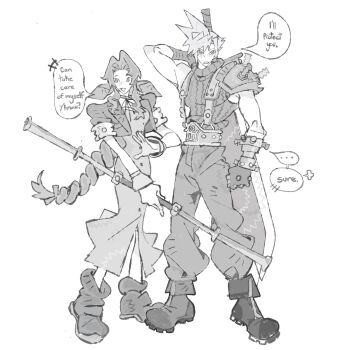 ... 1boy 1girl aerith_gainsborough armor armored_gloves baggy_pants bangle belt booth_seating bracelet braid braided_ponytail breasts buster_sword buttons center_opening choker cloud_strife cropped_jacket dress english_text fighting_stance final_fantasy final_fantasy_vii final_fantasy_vii_remake full_body greyscale hair_between_eyes hair_ribbon highres holding holding_staff holding_sword holding_weapon jaysoysaucee jewelry long_dress long_hair medium_breasts monochrome pants parted_bangs parted_lips pauldrons puffy_short_sleeves puffy_sleeves ribbon ribbon_choker short_hair short_sleeves shoulder_armor sidelocks single_bare_shoulder single_braid single_pauldron sketch sleeveless sleeveless_turtleneck smile speech_bubble spiked_hair spoken_ellipsis staff standing suspenders sword sword_on_back turtleneck weapon weapon_on_back white_background