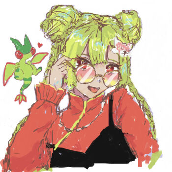 Rule 34 | 1girl, adjusting eyewear, arm at side, bad id, bad pixiv id, braid, bun with braided base, butter (oshi8kyoumoh), chibi, chibi inset, chinese clothes, creature and personification, cropped torso, double bun, female focus, flygon, fox hair ornament, gen 3 pokemon, glasses, green hair, hair bun, hand up, happy, heart, long hair, long sleeves, looking at viewer, looking over eyewear, nintendo, open mouth, personification, pokemon, pokemon (creature), red-tinted eyewear, red eyes, red shirt, round eyewear, shirt, sidelocks, simple background, sketch, smile, solo focus, strap slip, tinted eyewear, tongue, tongue out, twin braids, upper body, white background