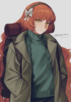 Rule 34 | 1girl, backpack, bag, bow, closed mouth, coat, cowboy shot, green coat, green eyes, green sweater, hair bow, hands in pockets, highres, ishmael (identity archive) (project moon), ishmael (project moon), lapels, limbus company, long hair, looking at viewer, notched lapels, orange hair, oxy (ho2), project moon, simple background, solo, sweater, very long hair, wavy hair, white background, white bow