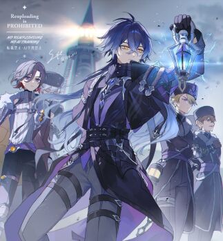 5boys antenna_hair artist_name bandaged_leg bandages bandages_over_clothes belt_buckle black_capelet black_coat black_gloves black_hat black_pants black_ribbon blonde_hair blue_eyes blue_hair brown_eyes brown_gloves brown_hair buckle capelet chain chest_harness chromatic_aberration closed_mouth coat collared_capelet commentary_request crossed_bangs earrings expressionless facial_hair flins_(genshin_impact) floating_hair fur-trimmed_coat fur_trim genshin_impact gloves gradient_hair grey_hair grey_pants hair_between_eyes hand_up harness hat highres holding holding_lantern illuga_(genshin_impact) jewelry lantern light_particles lighthouse long_hair long_sleeves looking_ahead male_focus multicolored_hair multiple_boys mustache open_clothes open_coat outdoors overcast pants parted_bangs purple_eyes purple_sash purple_shirt red_hair red_pupils ribbed_sweater ribbon sash shirt short_hair sigurd_(genshin_impact) single_earring sky sleeveless sleeveless_sweater sousi_(genshin_impact) standing sukhovykh_(genshin_impact) sweater syerii thigh_strap turtleneck turtleneck_sweater twitter_username two-sided_coat two-sided_fabric ushanka very_long_hair vision_(genshin_impact) watermark white_sweater yellow_eyes