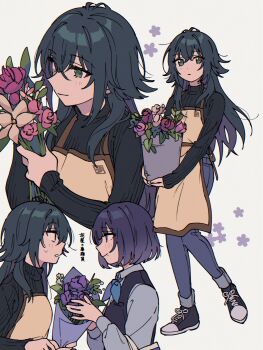 2girls apron black_shirt black_shoes black_vest blue_neckerchief blue_pants bouquet brown_apron collared_shirt commentary_request crossed_bangs flower flower_pot flower_symbol gakuen_idolmaster green_eyes green_hair hair_between_eyes hair_flaps hair_over_shoulder hataya_misuzu highres holding holding_bouquet holding_flower_pot idolmaster long_hair long_sleeves looking_at_another looking_at_viewer mole mole_under_mouth multiple_girls multiple_views neckerchief niyororinpayamaru pants profile purple_hair shirt shoes short_hair simple_background smelling smelling_flower smile sneakers standing standing_on_one_leg tsukimura_temari turtleneck vest white_background white_shirt yuri