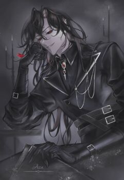 1boy aegyo_sal ajsaart baggy_clothes belt black_gloves black_hair black_sclera black_shirt brooch bug butterfly butterfly_on_hand candlestand clip_studio_paint_(medium) collared_shirt colored_sclera colored_skin curtained_hair earrings elbow_rest gloves grey_skin grin hand_on_own_chin head_rest highres hoop_earrings insect jewelry looking_at_viewer male_focus original red_butterfly red_eyes shirt short_hair smile solo spot_color table