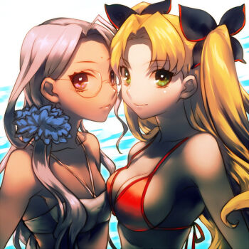 10s 2girls ahoge alternate_eye_color alternate_hair_color bandeau bindi blonde_hair breasts cleavage dark-skinned_female dark_skin facial_mark fate/extra fate_(series) flat_chest glasses green_eyes hair_ribbon kin_mokusei long_hair multiple_girls purple_eyes purple_hair rani_viii ribbon rimless_eyewear sideboob strap_gap tohsaka_rin tohsaka_rin_(fate/extra) tohsaka_rin_(true_appearance)_(fate/extra) two_side_up