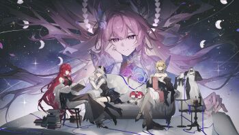 4girls absurdres aglaea_(honkai:_star_rail) alternate_costume ankle_boots bare_shoulders black_boots black_dress black_hat black_shirt black_shoes black_skirt blonde_hair book book_stack boots breasts cat_girl character_doll cheonyeon-hi cipher_(honkai:_star_rail) closed_eyes closed_mouth commentary couch crossed_legs cyrene_(honkai:_star_rail) cyrene_(ripples_of_past_reverie)_(honkai:_star_rail) doll dress english_commentary flower grey_hair hair_flower hair_ornament hat high_heel_boots high_heels highres holding holding_book honkai:_star_rail honkai_(series) knitting laurel_crown long_dress long_hair long_sleeves medium_breasts multiple_girls on_couch open_book pink_eyes pink_hair pink_nails pointy_ears purple_flower purple_rose red_hair rose shirt shoes sidelocks skirt smile tribbie_(honkai:_star_rail) tribios_(honkai:_star_rail) very_long_hair white_dress white_shirt