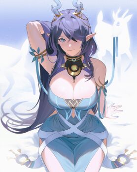 Rule 34 | 1girl, antlers, arm up, armpit crease, bare shoulders, blue dress, blue eyes, blue hair, blue nails, breasts, cleavage, closed mouth, detached collar, dress, earrings, from above, genshin impact, hair intakes, hair over one eye, head tilt, highres, horns, jewelry, large breasts, lauma (genshin impact), leaning back, light smile, looking at viewer, looking to the side, multicolored eyes, pointy ears, reindeer antlers, shade, sitting, solo, thick thighs, thighs, white background, yynahh02