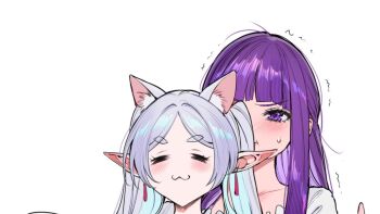 2girls :3 animal_ear_fluff animal_ears blue_hair blush cat_ears cat_girl commentary elf english_commentary fern_(sousou_no_frieren) frieren grey_hair long_hair motion_lines multiple_girls pointy_ears purple_eyes purple_hair qiandaiyiyu simple_background sousou_no_frieren thumbnail_collage trembling twintails white_background