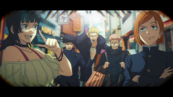 1girl 4boys arashi_(boom_sate225) bag black_choker black_hair black_jacket blonde_hair blue_eyes blurry blurry_background brown_eyes brown_hair buttons choker coat commentary_request crossdressing crossdressing_(mtf) crossed_arms face_piercing fur-trimmed_coat fur_trim fushiguro_megumi hair_tie hakari_kinji hand_on_own_head high_collar hoshi_kirara itadori_yuji jacket jujutsu_kaisen kugisaki_nobara medium_hair multiple_boys off-shoulder_shirt off_shoulder open_mouth parody piercing pink_hair scar scar_on_face shirt shopping_bag short_hair smile spiked_hair style_parody talking teeth trap
