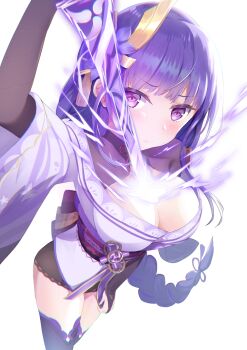 1girl arm_up blunt_bangs blush breasts bridal_gauntlets cleavage commentary drawing_sword electricity from_above genshin_impact glowing glowing_sword glowing_weapon highres holding holding_sword holding_weapon huge_breasts human_scabbard huziiro_matutya japanese_clothes kimono leaning_forward lingerie long_hair looking_at_viewer looking_up mitsudomoe_(shape) musou_isshin_(genshin_impact) neck_ribbon purple_eyes purple_hair purple_kimono raiden_shogun red_ribbon red_sash ribbon sash shade solo standing sword sword_between_breasts thighhighs tomoe_(symbol) underwear upper_body weapon white_background