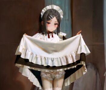 1girl apron bad_id bad_pixiv_id black_dress black_hair blush bow bowtie brown_eyes closed_mouth clothes_lift commission dress dress_lift fate/kaleid_liner_prisma_illya fate_(series) furrowed_brow garter_straps hair_ornament hairclip highres lace lace_panties lifting_own_clothes loli maid maid_headdress medium_hair miyu_edelfelt panties parted_bangs partially_visible_vulva pixiv_commission ponytail red_bow red_bowtie solo sweetonedollar thighhighs underwear white_apron white_garter_straps white_panties white_thighhighs