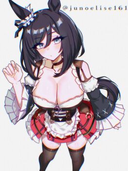 Rule 34 | 1girl, absurdres, animal ears, apron, black hair, black thighhighs, blue eyes, bob cut, bodice, breasts, choker, cleavage, commentary, commission, detached sleeves, dirndl, ear scrunchie, eishin flash (meisterschaft) (umamusume), eishin flash (umamusume), english commentary, frills, german clothes, hair between eyes, highres, horse ears, horse girl, horse tail, junoelise161, large breasts, looking at viewer, red choker, red skirt, scrunchie, shirt, short hair, simple background, skirt, solo, striped clothes, striped skirt, swept bangs, tail, thighhighs, umamusume, vertical-striped clothes, vertical-striped skirt, waist apron, white apron, white scrunchie, white shirt