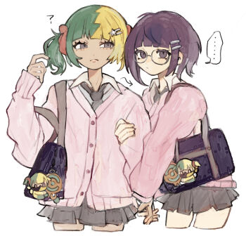 ... 2girls ? alternate_costume arm_hug bag blonde_hair bob_cut canari_(pokemon) chamopichamo closed_mouth collared_shirt dark-skinned_female dark_skin glasses green_hair gwynn_(pokemon) hair_ornament hairclip highres interlocked_fingers long_sleeves looking_at_viewer multicolored_hair multiple_girls necktie nintendo pink_sweater pokemon pokemon_legends:_z-a purple_hair school_bag school_uniform shirt short_hair skirt sleeves_past_fingers sleeves_past_wrists split-color_hair spoken_ellipsis sweater two_side_up white_background yuri