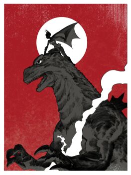 1girl batgirl batman_symbol belt black_bodysuit bodysuit border cape cassandra_cain commentary dc_comics english_commentary full_moon godzilla godzilla_(series) highres monochrome moon open_mouth psuede red_sky sharp_teeth sky superhero_costume teeth utility_belt white_border