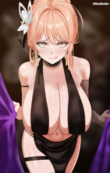 1girl arm_strap black_dress breasts brown_hair commentary curvy dress elbow_gloves emma_(nikke) emma_(tactical_upgrade)_(nikke) emma_(tactical_upgrade)_(secret_therapy)_(nikke) english_commentary evening_gown glitchnest gloves goddess_of_victory:_nikke heart heart_in_eye huge_breasts looking_at_viewer navel official_alternate_costume official_alternate_hairstyle single_elbow_glove solo symbol_in_eye thigh_strap thighs tongue tongue_out yellow_eyes