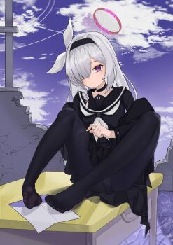 1girl absurdres alternate_eye_color black_choker black_hairband black_pantyhose black_sailor_collar black_serafuku black_shirt black_skirt blue_archive blue_sky bow braid chinese_commentary choker closed_mouth cloud commentary_request day desk envelope feet full_body hair_bow hair_over_one_eye hairband halo hand_up highres knees_apart_feet_together knees_up long_bangs long_hair long_sleeves looking_at_viewer neckerchief no_shoes on_desk one_eye_covered outdoors panties panties_under_pantyhose pantyhose pantyhose_tug plana_(blue_archive) pleated_skirt purple_eyes recruitment_(blue_archive) red_halo red_pupils ring_of_light_(blue_archive) sailor_collar sailor_shirt school_desk school_uniform serafuku sercet shirt single_braid sitting skirt sky soles solo toes underwear upskirt white_bow white_hair white_neckerchief