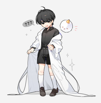 1boy ? aged_down alternate_costume biyoo_(omniscient_reader&#039;s_viewpoint) black_hair black_shirt black_shorts coat collared_shirt elzfbrvsnr30247 full_body hashtag-only_commentary highres kim_dokja male_focus oldest_dream omniscient_reader&#039;s_viewpoint open_clothes open_coat oversized_clothes pigeon-toed shirt short_hair shorts solo spoken_question_mark standing white_coat