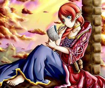 Rule 34 | 1girl, against pillar, barefoot, blue dress, blue eyes, braid, collarbone, commentary, dress, earrings, english commentary, full body, highres, holding, holding paper, hood, hood down, hooded robe, jewelry, kyonne, long hair, merlina (sonic), neck ring, paper, pen to mouth, pointy ears, pouch, red hair, red robe, ring, robe, single braid, sitting, solo, sonic (series), sonic and the black knight, sudoku, wide sleeves