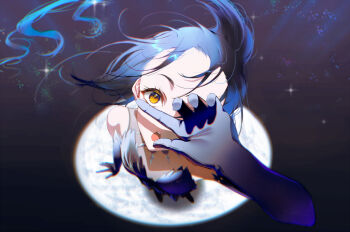 1girl bare_shoulders black_dress blue_dress blue_gloves blue_hair chinese_commentary commentary dress elbow_gloves figure_skating_dress floating_hair foreshortening from_above gloves hand_over_eye highres ice kamisaki_hikaru long_hair looking_at_viewer medalist_(manga) ponytail solo sparkle standing very_long_hair xi_ying yellow_eyes