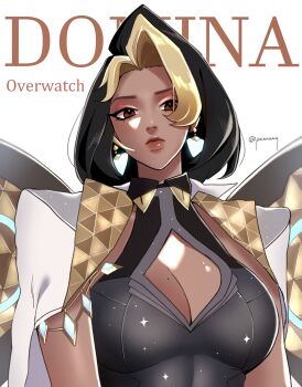 Rule 34 | 1girl, absurdres, black hair, blonde hair, breasts, character name, cleavage, cleavage cutout, clothing cutout, coat, commentary request, dark-skinned female, dark skin, domina (overwatch), dress, earrings, highres, jewelry, large breasts, looking at viewer, multicolored hair, overwatch, pannaaq, short hair, skirt, solo, two-tone hair, white coat, white skirt