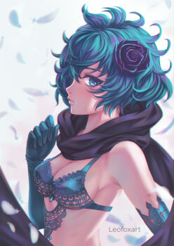 1girl absurdres aqua_eyes aqua_hair artist_name breasts commentary drag-on_dragoon drag-on_dragoon_3 english_commentary eyelashes falling_feathers feathers flower hair_flower hair_ornament highres leofoxart looking_at_viewer medium_breasts pink_lips purple_flower purple_rose purple_scarf rose scarf solo standing twitter_username two_(drag-on_dragoon) upper_body