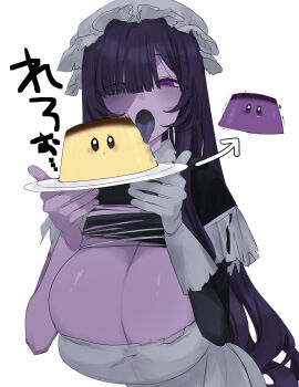 1girl absurdres apron arrow_(symbol) black_dress breasts cleavage colored_skin colored_tongue commentary_request dress eurasia_(wtp09ptw14) food francoise_(eurasia) gloves grey_apron grey_gloves grey_hat hair_over_one_eye hat highres holding holding_plate huge_breasts licking_food long_bangs long_hair looking_at_viewer mob_cap open_mouth original parted_bangs plate pudding purple_eyes purple_hair purple_skin purple_tongue simple_background single_glove solo stitched_face stitches tongue tongue_out torn_apron torn_clothes torn_dress translation_request upper_body white_background zombie
