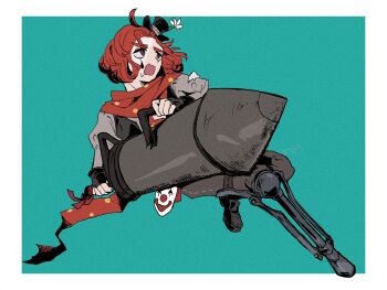 1boy aqua_background black_shoes border commentary_request cross-shaped_pupils fingerless_gloves flower gloves grey_eyes grey_pants grey_shirt hat hat_flower highres holding holding_weapon identity_v jumping loafers looking_ahead male_focus medium_hair midair mini_hat mini_top_hat open_mouth pants perorinsr prosthesis prosthetic_leg red_hair shirt shoes small_sweatdrop solo symbol-shaped_pupils teardrop_facial_mark top_hat weapon weeping_clown_(identity_v) white_border