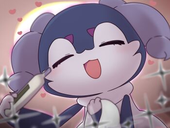 Rule 34 | :d, blurry, closed eyes, commentary request, eyelashes, facing viewer, gen 8 pokemon, happy, heart, highres, holding, holding thermometer, indeedee, indeedee (female), komori541milk, nintendo, open mouth, pokemon, pokemon (creature), smile, thermometer