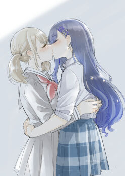 Rule 34 | 2girls, azusawa kohane, blue hair, brown hair, closed eyes, collared shirt, commentary, earrings, from side, grey background, grey serafuku, grey skirt, hair ornament, hairclip, hug, jewelry, kamiyama high school uniform (project sekai), kiss, long hair, long sleeves, miyamasuzaka girls' academy school uniform, multiple girls, neckerchief, plaid clothes, plaid skirt, project sekai, red neckerchief, sailor collar, school uniform, serafuku, shiraishi an, shirt, short twintails, simple background, skirt, star (symbol), star hair ornament, takeshisu, twintails, yuri