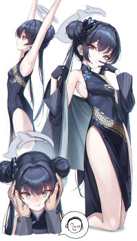 1girl absurdres armpits arms_up black_gloves black_hair blue_archive blush braid braided_bun butterfly_hair_ornament china_dress chinese_clothes coat commentary_request doodle_sensei_(blue_archive) double_bun dragon_print dress from_side gloves grey_eyes grey_halo hair_bun hair_ornament halo hands_on_another&#039;s_cheeks hands_on_another&#039;s_face highres incredibly_absurdres jacket k0a kisaki_(blue_archive) kneeling looking_at_viewer multiple_views pelvic_curtain pinstripe_pattern print_dress sensei_(blue_archive) smile solo_focus striped_clothes striped_coat striped_jacket vertical-striped_clothes vertical-striped_coat vertical-striped_jacket white_background