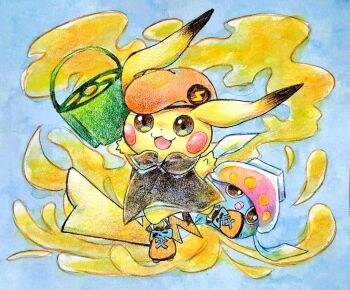 Rule 34 | :3, beret, black dress, blue background, clothed pokemon, crossover, dress, full body, gen 1 pokemon, gen 6 pokemon, hat, ink, inkay, nintendo, no humans, non (kumakawayusu), open mouth, orange hat, orange shoes, painting (medium), pikachu, pokemon, pokemon (creature), shoes, splatoon (series), traditional media, tri-slosher (splatoon), watercolor (medium)