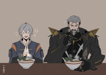 2boys abs bara black_beard black_gloves black_hair black_jacket black_shirt blue_jacket bowl chopsticks closed_mouth dog_tags doodlefish facial_scar flower food gloves grey_beard grey_hair highres holding holding_chopsticks jacket jewelry leather leather_jacket male_focus mature_male multicolored_hair multiple_boys multiple_rings muscular muscular_male noodles notice_lines object_to_mouth open_mouth pectoral_cleavage pectorals pompey_(zenless_zone_zero) ramen ring scar scar_on_cheek scar_on_face shirt simple_background skin_tight smile steam steaming_food wise_(zenless_zone_zero) zenless_zone_zero