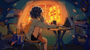 1girl arm_on_table black_shorts blanket blue_hair book bookshelf building cable calendar_(object) chair coffee_mug color_contrast commentary commentary_request computer cup curtains electrical_outlet english_commentary facing_away fisheye foot_out_of_frame from_side hand_up highres indoors lamp laptop leg_up long_sleeves looking_to_the_side mirror mixed-language_commentary mug no_shoes on_chair orange_socks original phonograph picture_frame pillow port_(portzzz) shirt short_hair short_shorts shorts sitting slice_of_life socks solo turning_head white_shirt