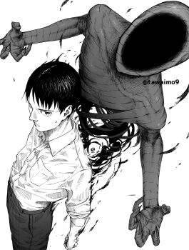 1boy ajin_(sakurai_gamon) collared_shirt commentary_request facing_viewer fingernails from_above greyscale highres ibm_(ajin) looking_at_viewer male_focus monochrome monster nagai_kei sharp_fingernails shirt shirt_tucked_in simple_background tawaimo9 twitter_username white_background