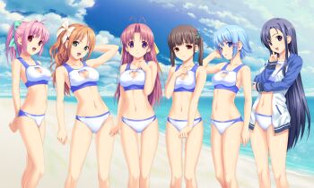 ahoge antenna_hair aoi_matsuri beach bikini black_hair blue_eyes blue_sky bow breasts brown_eyes brown_hair clothing_cutout cloud english_text feet_out_of_frame green_eyes hair_bow hair_ornament himuro_rikka hinata_hanabi koutaro long_hair looking_at_viewer medium_breasts minazuki_izumi ocean official_art orange_hair parted_bangs pink_hair ponytail purple_eyes purple_hair saotome_nagi short_hair sidelocks sky small_breasts suzukaze_hotaru sweater swimsuit tropical_kiss two_side_up x_hair_ornament