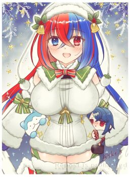 1girl :d alcryst_(fire_emblem) blue_cape blue_eyes blue_hair blush border bow bowtie breasts cape character_doll commentary_request cowboy_shot crossed_bangs detached_sleeves doll dress female_alear_(fire_emblem) female_alear_(gifted_dragons)_(fire_emblem) fire_emblem fire_emblem_engage fire_emblem_heroes garter_straps hair_between_eyes hat heterochromia hug large_breasts multicolored_hair nintendo official_alternate_costume open_mouth red_eyes red_hair skt_s smile solo sommie_(fire_emblem) split-color_hair thick_thighs thighs two-tone_hair white_border white_dress white_hat