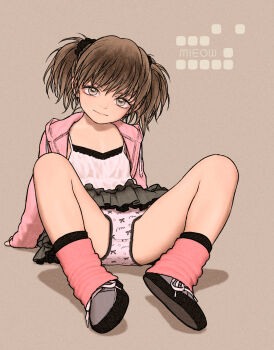1girl arm_support brown_background brown_eyes brown_hair circle_name closed_mouth commentary_request drawstring fashion female_focus full_body grey_shoes grey_skirt highres hood hood_down hooded_jacket jacket jirai_kei jojifuku knees_up leg_warmers light_brown_background loli long_sleeves looking_at_viewer miniskirt open_clothes open_jacket original panties pink_jacket pink_leg_warmers pinup_(style) print_panties rustle shirt shoes short_hair simple_background sitting skirt smile solo spaghetti_strap spread_legs twintails underwear white_panties white_shirt
