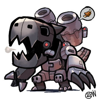 android armor artist_request cannon chibi claws digimon digimon_(creature) fangs food full_armor hungry looking_at_viewer machine mecha mugendramon no_humans open_mouth robot simple_background solo tail wire