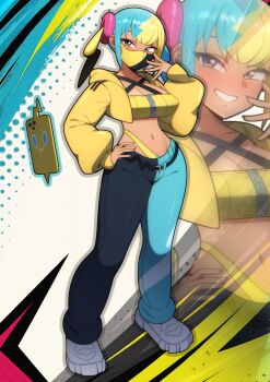 1girl absurdres bandeau belt black_belt breasts canari_(pokemon) cleavage cropped_jacket full_body gen_4_pokemon hand_on_own_hip hand_up highres hood hood_down hooded_jacket jacket kdtwifi long_sleeves mask mixed-language_commentary mouth_mask multicolored_hair navel nintendo open_clothes open_jacket pants pokemon pokemon_legends:_z-a rotom rotom_phone shoes sleeves_past_wrists standing twintails white_shoes yellow_bandeau yellow_jacket zipper