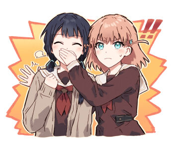 Rule 34 | !, !!, 2girls, ^ ^, aqua eyes, black hair, brown dress, closed eyes, commentary, covering another's mouth, cropped torso, crossed bangs, dress, hair ornament, hand on another's back, hand over another's mouth, hasu no sora school uniform, hinoshita kaho, light frown, link! like! love live!, long hair, long sleeves, looking at viewer, love live!, low twintails, medium hair, multiple girls, murano sayaka, neckerchief, orange hair, puff of air, rabbit hair ornament, red neckerchief, revision, sailor collar, sailor dress, school uniform, sweatdrop, swept bangs, twintails, upper body, v-shaped eyebrows, virtual youtuber, wavy mouth, white background, white sailor collar, winter uniform, yukitake (bullfalk)