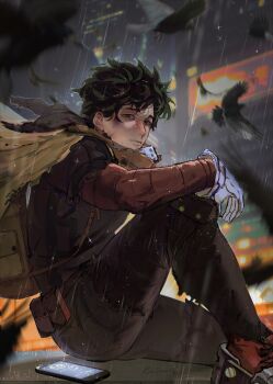 1boy arm_on_knee artist_name backpack bag bird black_bird boku_no_hero_academia cape cellphone closed_mouth commentary english_commentary eyeempty floating_cape freckles gloves green_hair highres knee_up looking_at_viewer male_focus midoriya_izuku phone rain scar scar_on_face short_hair sitting smartphone solo superhero_costume wet white_gloves yellow_bag yellow_cape