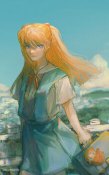 1girl absurdres bag blue_eyes blue_skirt blue_sky cloud commentary_request cowboy_shot expressionless hair_ornament highres holding holding_bag interface_headset_(evangelion) miniskirt neon_genesis_evangelion orange_hair pleated_skirt school_bag school_uniform skirt sky solo souryuu_asuka_langley tokyo-3_middle_school_uniform twitter_username uu0000322