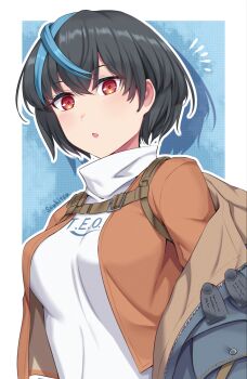 1girl :o black_hair blue_jacket blue_streaks blush breasts commentary_request guilty_gear guilty_gear_strive guilty_gear_strive:_dual_rulers harness highres jacket looking_at_viewer medium_breasts multicolored_hair open_clothes open_jacket red_eyes short_hair solo soukitsu streaked_hair turtleneck unika_(guilty_gear) upper_body