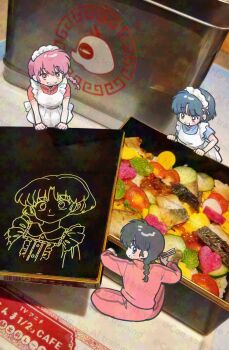 Rule 34 | 1boy, 2girls, :d, apron, black hair, blue hair, braid, chopsticks, con sonne, dual persona, food, frilled apron, frills, grey eyes, grin, holding, holding chopsticks, looking back, maid, maid apron, maid headdress, multiple girls, open mouth, pale skin, photo background, pink eyes, pink hair, ranma-chan, ranma 1/2, saotome ranma, short hair, single braid, sitting, smile, tendou akane, too many watermarks, watermark, white apron